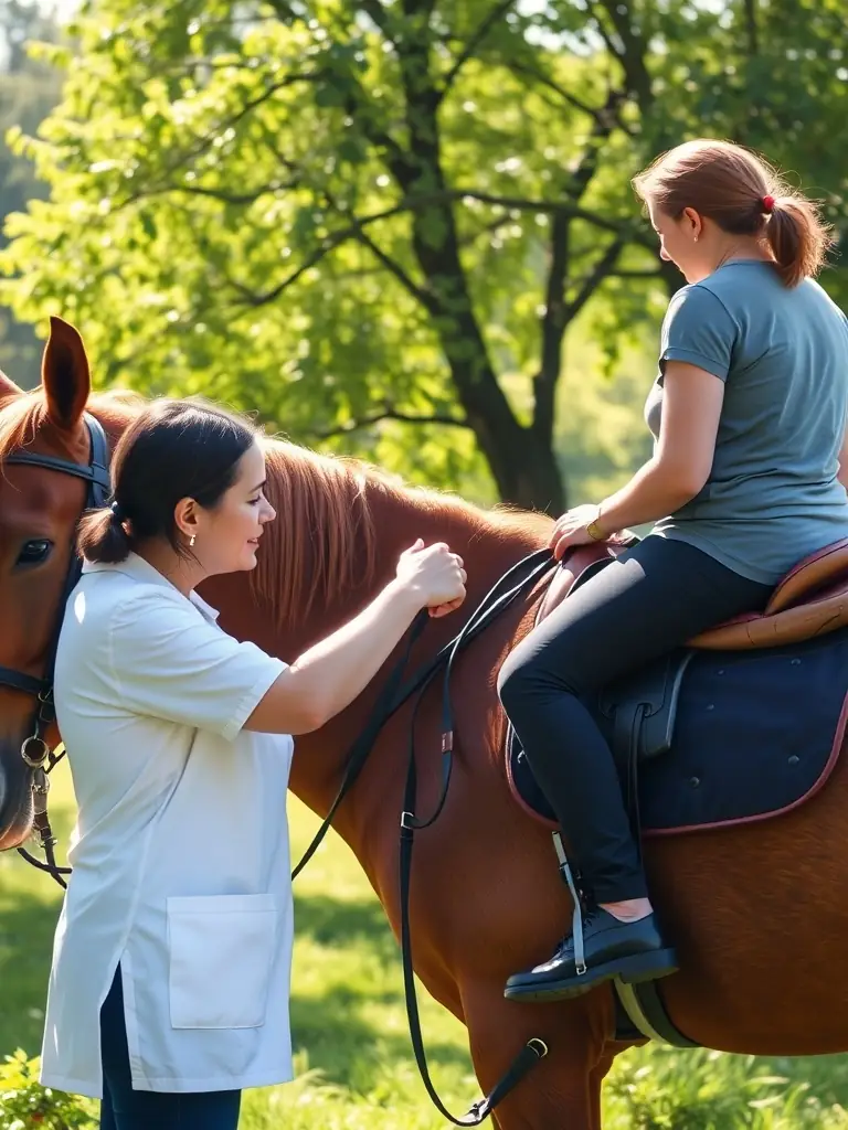 A therapist guiding a person with disabilities during a therapeutic riding session, with a focus on connection and support, illustrating the therapeutic sessions program.