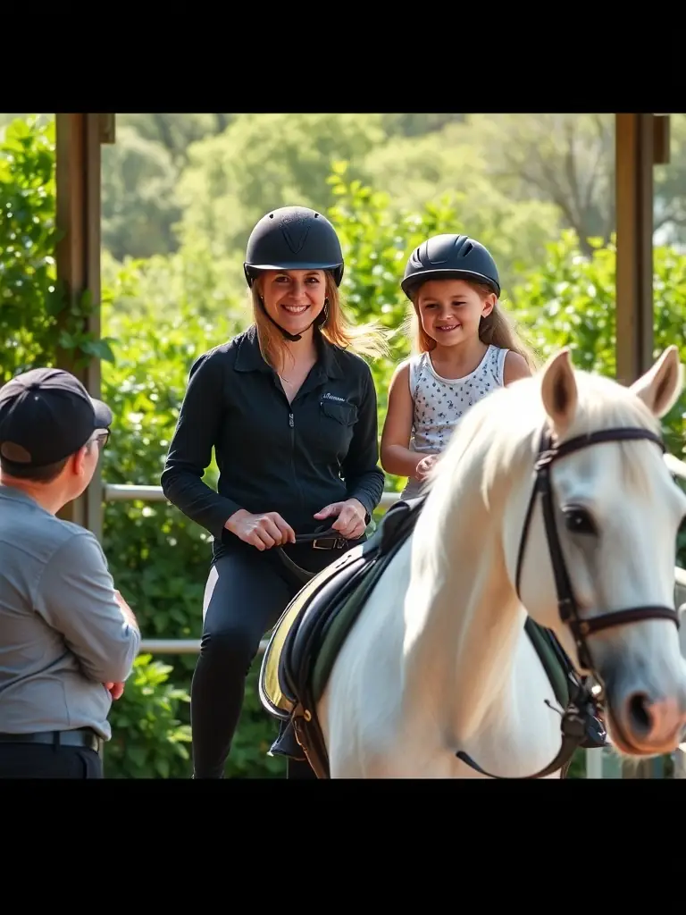 A professional instructor guiding a young rider on a well-groomed horse in an outdoor arena, with lush green surroundings, showcasing the riding lessons program.