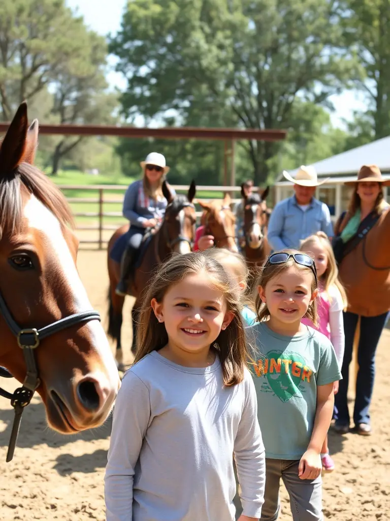 A diverse group of people interacting positively during a therapeutic equestrian session at EQUI CLUB SAINT FLOUR VOLZAC, illustrating the inclusive and supportive environment.