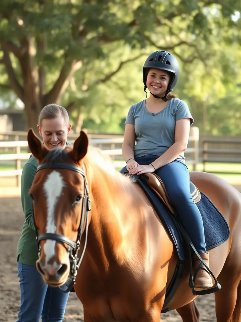 A person with a disability participating in a therapeutic riding session at EQUI CLUB SAINT FLOUR VOLZAC, highlighting the club's inclusive approach to equestrian activities.