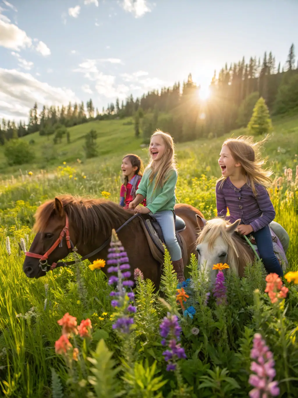 A group of children are participating in a summer equestrian camp, learning about horse care, riding skills, and enjoying outdoor activities at EQUI CLUB SAINT FLOUR VOLZAC.