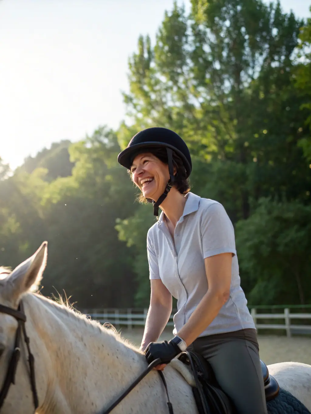 A young rider smiling confidently while grooming a horse in a stable at EQUI CLUB SAINT FLOUR VOLZAC, showcasing the hands-on learning experience.