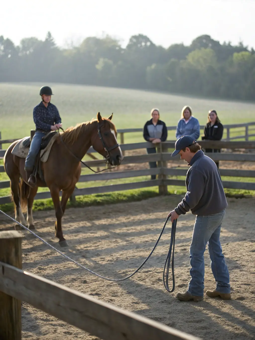 A group of riders participating in a training workshop, with an instructor demonstrating riding techniques on a horse, representing the training and skill development program.
