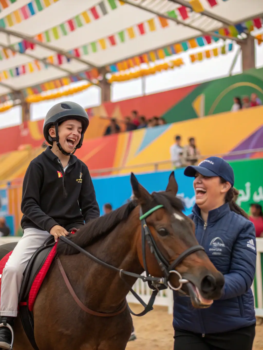 An image of a therapeutic riding session, showing a child with disabilities interacting with a horse under the guidance of a therapist.