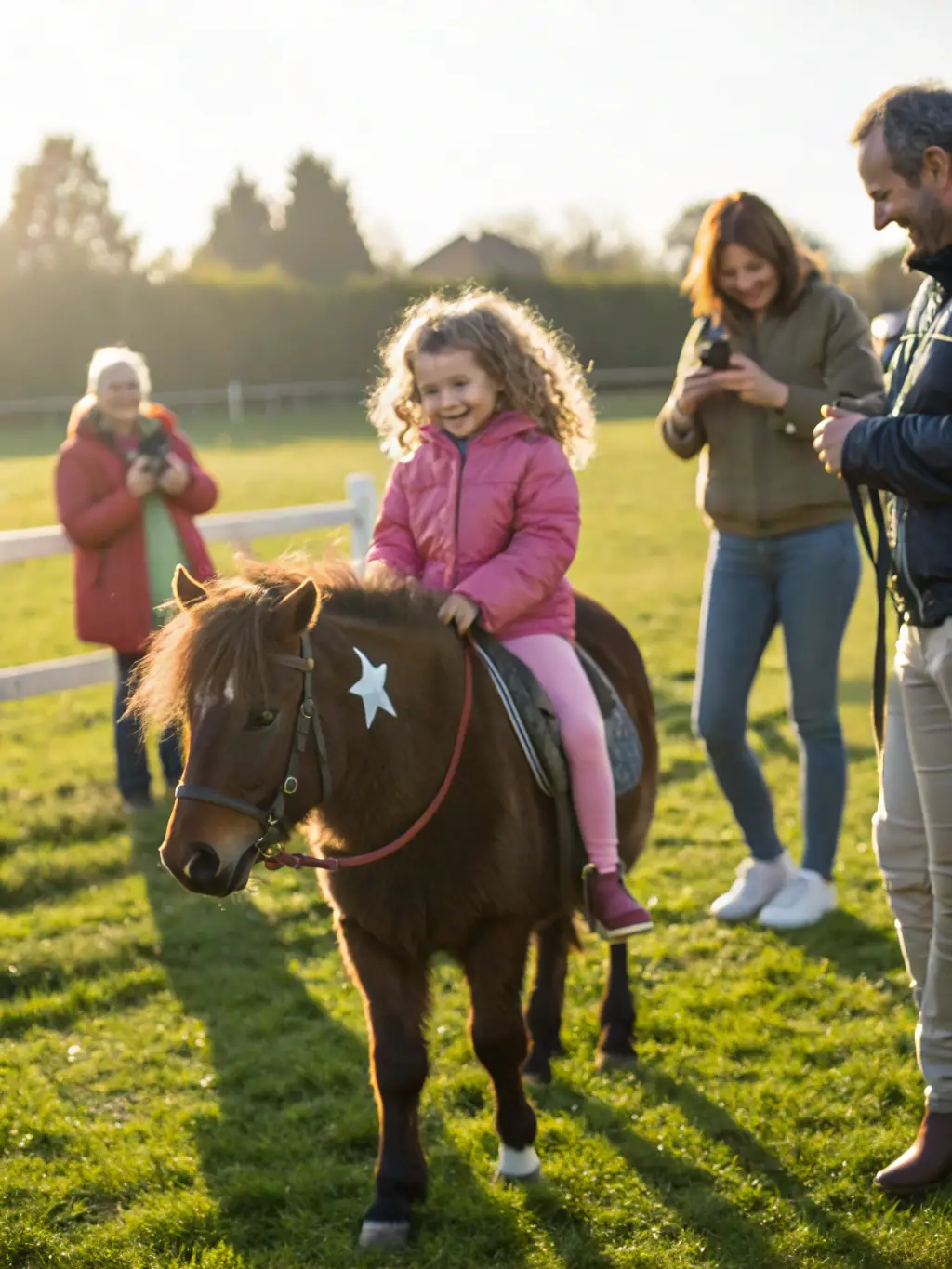A young girl smiling while riding a pony in a sunny outdoor arena at EQUI CLUB SAINT FLOUR VOLZAC, showcasing the joy and accessibility of equestrian activities for children.