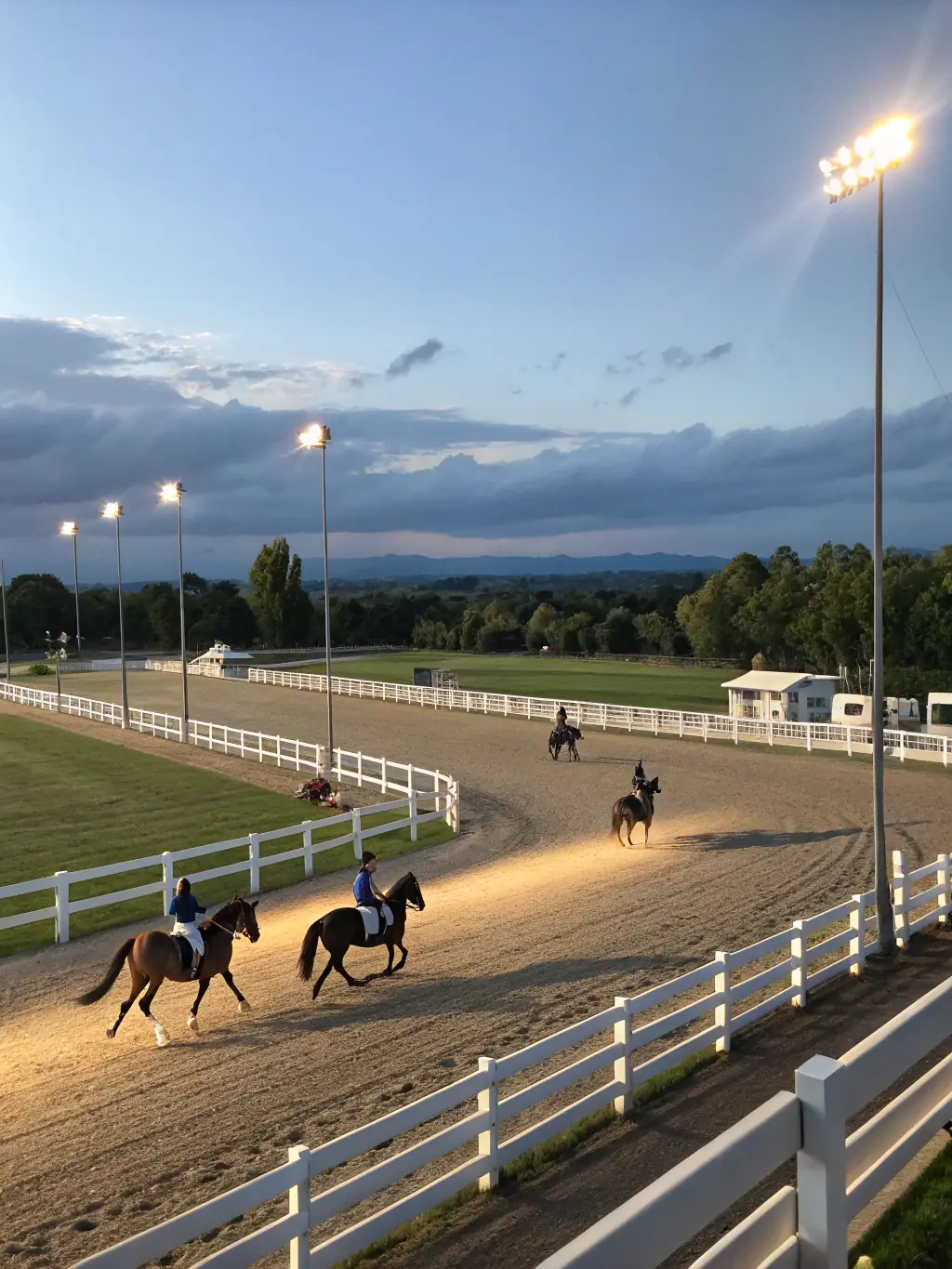 A picture of a training clinic, with riders practicing advanced techniques under the supervision of a renowned equestrian coach.