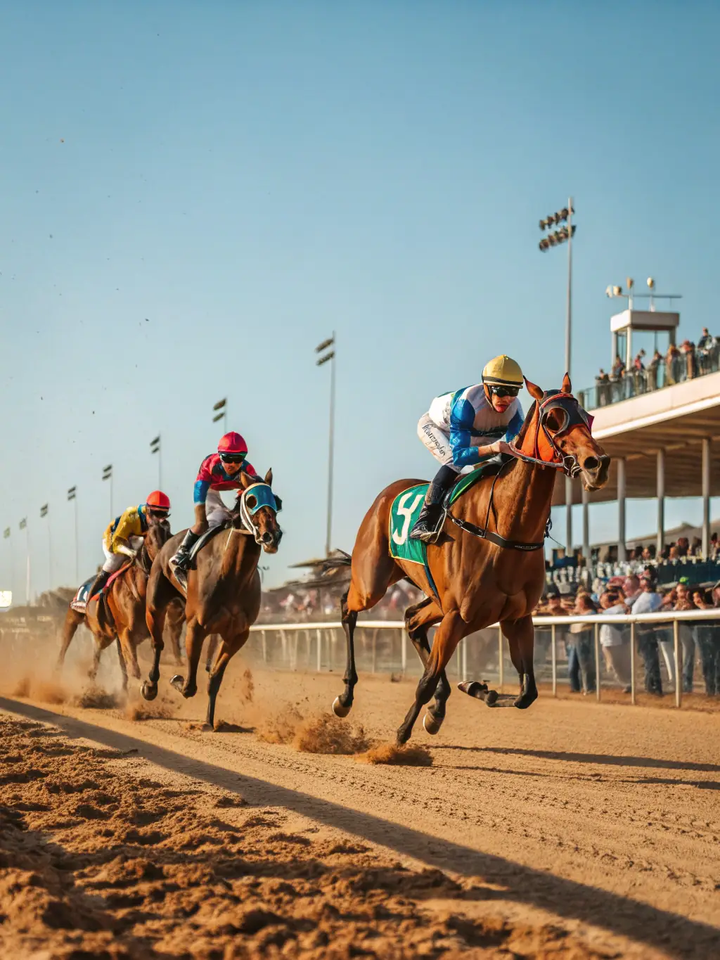 A vibrant image of a local equestrian competition, showcasing riders and horses in action, with spectators cheering in the background.