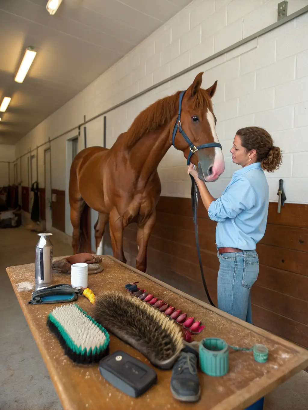 A photo of a horse care workshop, with participants learning about grooming and horse health from an experienced veterinarian.