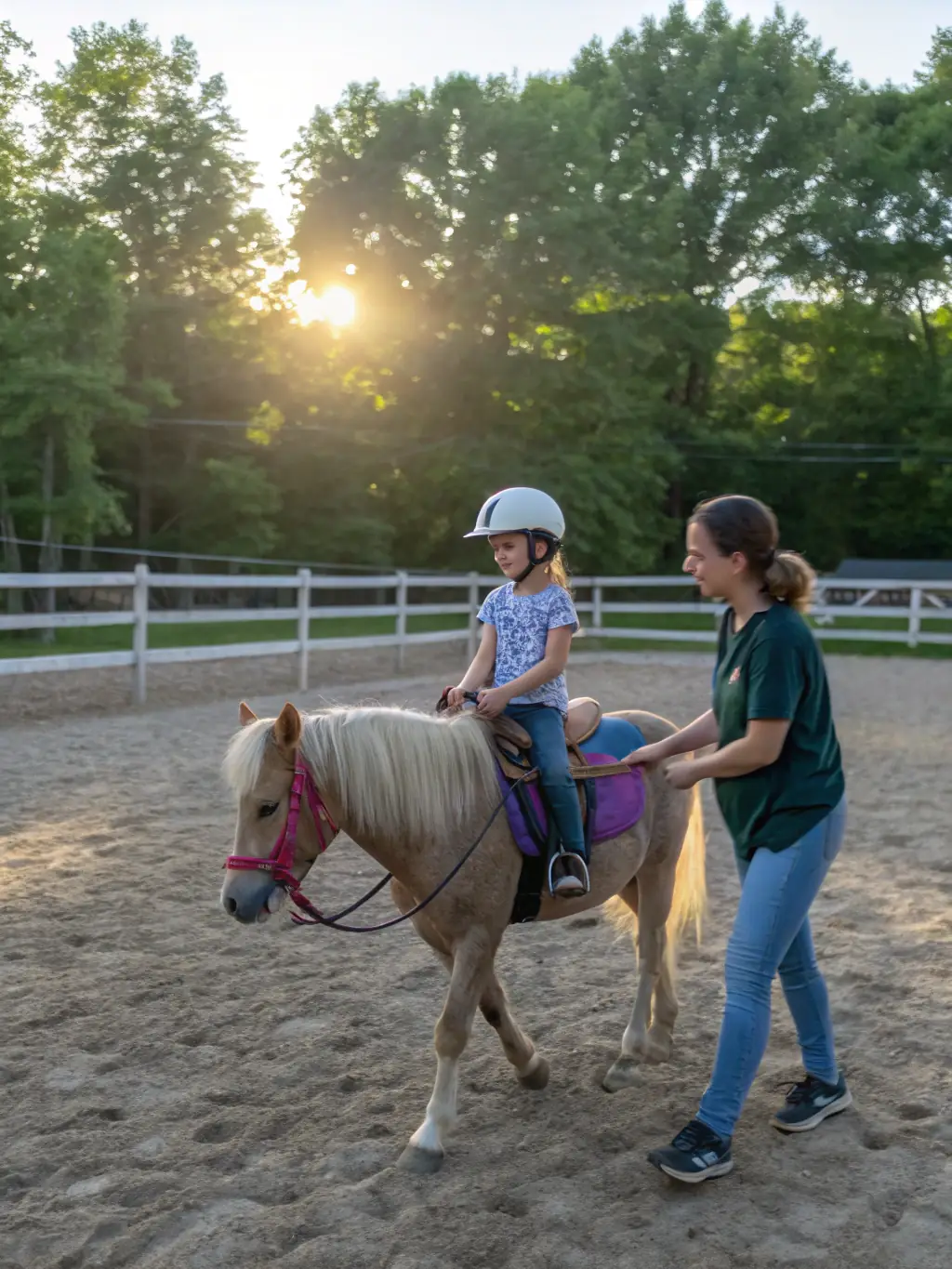 A young girl with a bright smile is learning to ride a pony in a safe, enclosed arena at EQUI CLUB SAINT FLOUR VOLZAC, with an instructor guiding her.